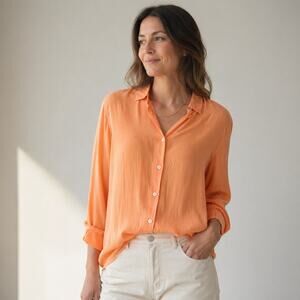 Filippa K Drapey Orange Classic 100% Viscose Button Down Blouse Shirt, size M